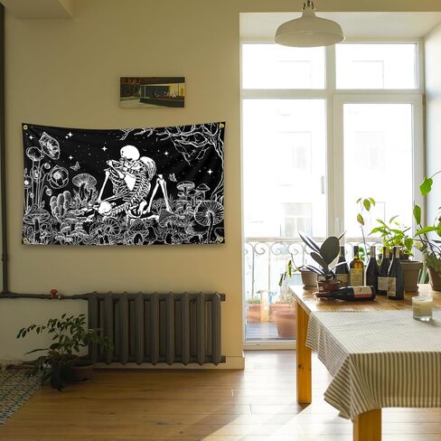 Black And White Couple Skeletons Kiss Plants And Flowers Under The Tree Art Tapestry 3×5FT Bedroom Wall Art Tapestry For Family Dormitory Living Room in Saudi Arabia