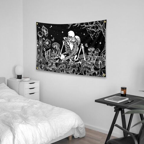 Black And White Couple Skeletons Kiss Plants And Flowers Under The Tree Art Tapestry 3×5FT Bedroom Wall Art Tapestry For Family Dormitory Living Room in Saudi Arabia