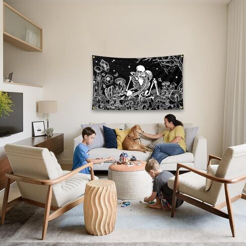 Black And White Couple Skeletons Kiss Plants And Flowers Under The Tree Art Tapestry 3×5FT Bedroom Wall Art Tapestry For Family Dormitory Living Room in Saudi Arabia