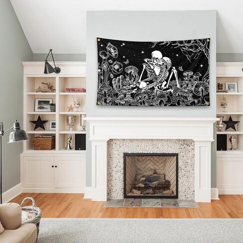 Black And White Couple Skeletons Kiss Plants And Flowers Under The Tree Art Tapestry 3×5FT Bedroom Wall Art Tapestry For Family Dormitory Living Room in Saudi Arabia