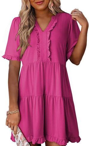 Dokotoo Womens Dresses 2024 Spring Summer V Neck Ruffle Short Sleeve Casual A-Line Flowy Babydoll Shift Dress Mini Dress in Saudi Arabia