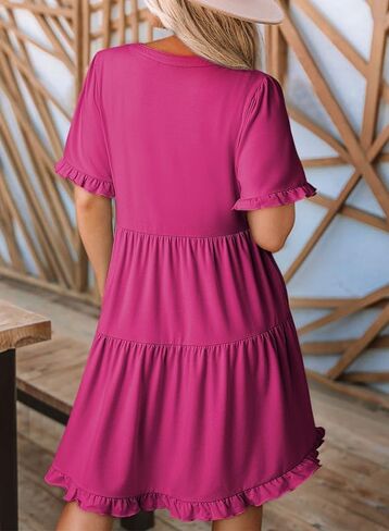Dokotoo Womens Dresses 2024 Spring Summer V Neck Ruffle Short Sleeve Casual A-Line Flowy Babydoll Shift Dress Mini Dress in Saudi Arabia