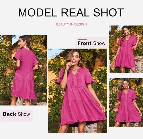 Dokotoo Womens Dresses 2024 Spring Summer V Neck Ruffle Short Sleeve Casual A-Line Flowy Babydoll Shift Dress Mini Dress in Saudi Arabia