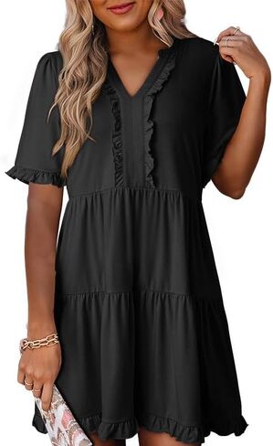 Dokotoo Womens Dresses 2024 Spring Summer V Neck Ruffle Short Sleeve Casual A-Line Flowy Babydoll Shift Dress Mini Dress in Saudi Arabia