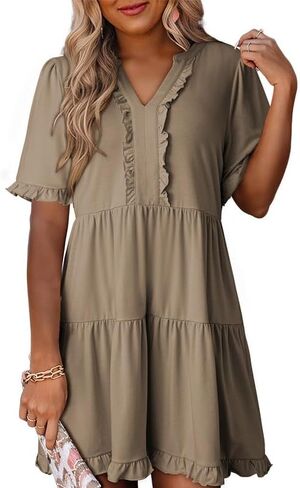 Dokotoo Womens Dresses 2024 Spring Summer V Neck Ruffle Short Sleeve Casual A-Line Flowy Babydoll Shift Dress Mini Dress in Saudi Arabia