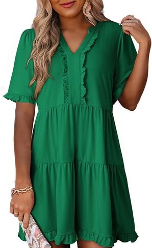 Dokotoo Womens Dresses 2024 Spring Summer V Neck Ruffle Short Sleeve Casual A-Line Flowy Babydoll Shift Dress Mini Dress in Saudi Arabia