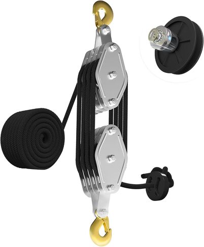 Rope Hoist Pulley System, 4400LB Pulley Block and Tackle, 8:1 Ratio Lifting Power 3/8 × 65ft, Heavy Duty Pulley Block for Hunting Lifting Heavy Objects Garage Warehouses Building in Kuwait