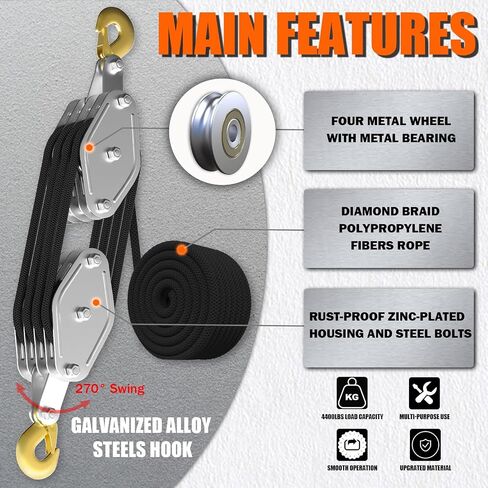 Rope Hoist Pulley System, 4400LB Pulley Block and Tackle, 8:1 Ratio Lifting Power 3/8 × 65ft, Heavy Duty Pulley Block for Hunting Lifting Heavy Objects Garage Warehouses Building in Kuwait
