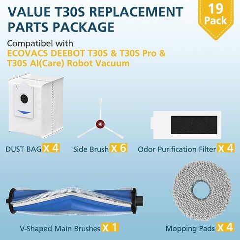19 Replacement Parts for ECOVACS DEEBOT T30S/T30S COMBO/T30S Pro Vacuum and Mop Accessories Kit, for ecovacs deebot t30s accessories in Kuwait