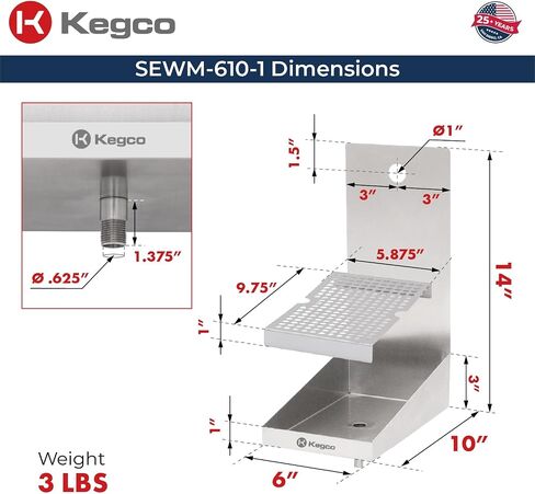 Kegco SEWM-1210-3 12" x 10" x 18" Wall Mount Drip Tray with Drain - 3 Shank Holes in Saudi Arabia