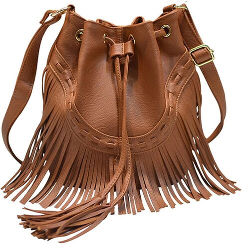 Women Small Fringed Faux Leather Crossbody Bag Drawstring Shoulder Bag Boho Bucket Bag in Saudi Arabia