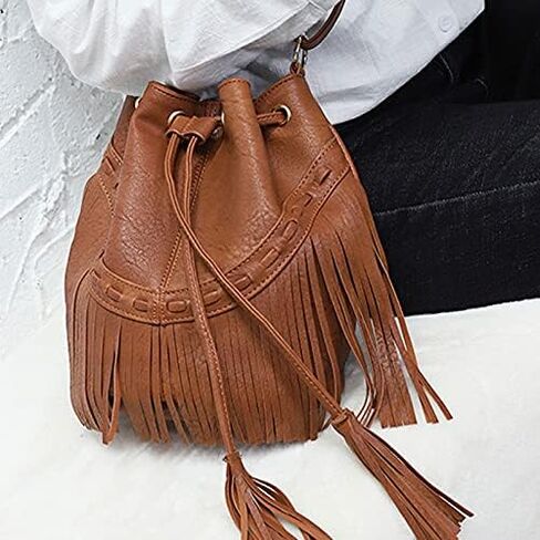 Women Small Fringed Faux Leather Crossbody Bag Drawstring Shoulder Bag Boho Bucket Bag in Saudi Arabia