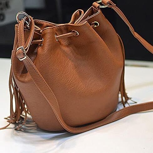 Women Small Fringed Faux Leather Crossbody Bag Drawstring Shoulder Bag Boho Bucket Bag in Saudi Arabia