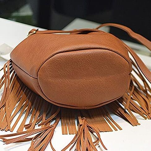 Women Small Fringed Faux Leather Crossbody Bag Drawstring Shoulder Bag Boho Bucket Bag in Saudi Arabia
