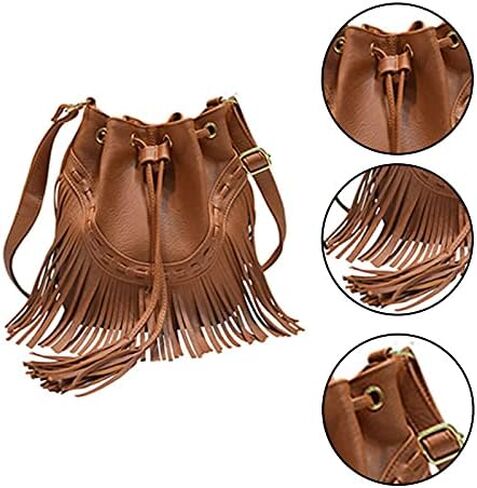 Women Small Fringed Faux Leather Crossbody Bag Drawstring Shoulder Bag Boho Bucket Bag in Saudi Arabia