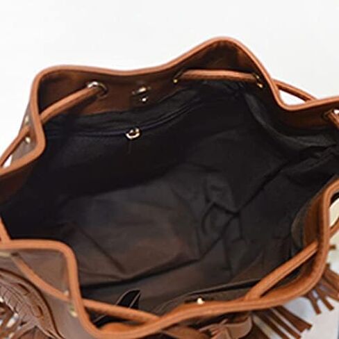 Women Small Fringed Faux Leather Crossbody Bag Drawstring Shoulder Bag Boho Bucket Bag in Saudi Arabia