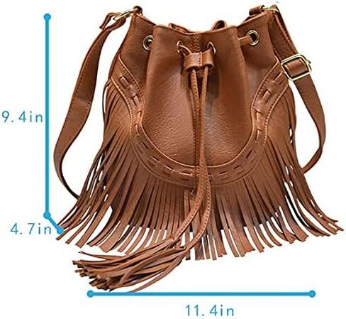 Women Small Fringed Faux Leather Crossbody Bag Drawstring Shoulder Bag Boho Bucket Bag in Saudi Arabia