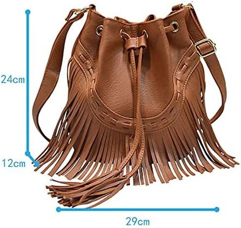 Women Small Fringed Faux Leather Crossbody Bag Drawstring Shoulder Bag Boho Bucket Bag in Saudi Arabia