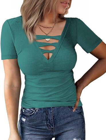Women V-Neck Short Sleeve Fitted Sexy Summer Trendy Tunic Tee Top Criss Cross Ribbed Casual Shirt Slim Blouse in Saudi Arabia
