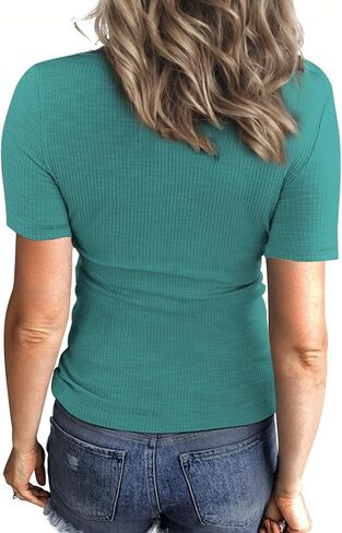 Women V-Neck Short Sleeve Fitted Sexy Summer Trendy Tunic Tee Top Criss Cross Ribbed Casual Shirt Slim Blouse in Saudi Arabia
