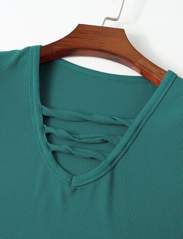 Women V-Neck Short Sleeve Fitted Sexy Summer Trendy Tunic Tee Top Criss Cross Ribbed Casual Shirt Slim Blouse in Saudi Arabia