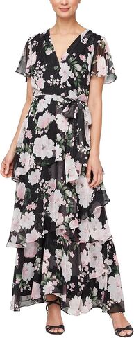 S.L. Fashions Women's Short Sleeve Tiered Skirt Long Maxi Dress with Surplice Neckline, Wedding (Petite and Regular Sizes) in Kuwait