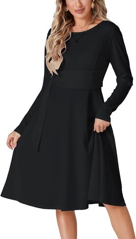 LYANER Women's Tie Front Waist Crew Neck Long Sleeve Pleated A Line Flared Midi Dress in Saudi Arabia