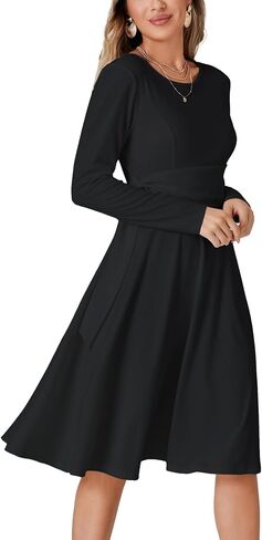 LYANER Women's Tie Front Waist Crew Neck Long Sleeve Pleated A Line Flared Midi Dress in Saudi Arabia