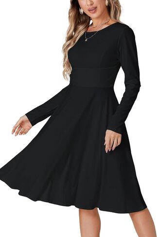 LYANER Women's Tie Front Waist Crew Neck Long Sleeve Pleated A Line Flared Midi Dress in Saudi Arabia