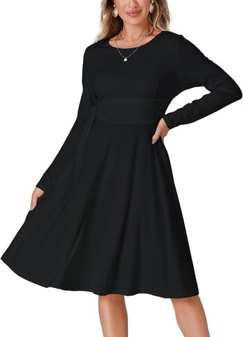 LYANER Women's Tie Front Waist Crew Neck Long Sleeve Pleated A Line Flared Midi Dress in Saudi Arabia
