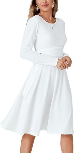 فستان LYANER نسائي برباط أمامي وخصر دائري وأكمام طويلة مطوي على شكل حرف A واسع متوسط ​​الطول in Saudi Arabia