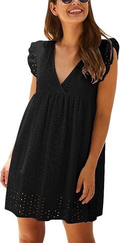 Women Summer Dress Wrap V Neck Jacquard Lace Ruffle Short Sleeve Mini Dresses with Pocket in Kuwait