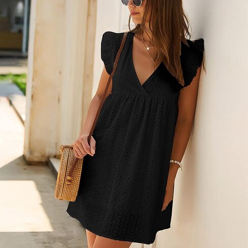 Women Summer Dress Wrap V Neck Jacquard Lace Ruffle Short Sleeve Mini Dresses with Pocket in Kuwait