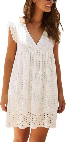 Women Summer Dress Wrap V Neck Jacquard Lace Ruffle Short Sleeve Mini Dresses with Pocket in Kuwait