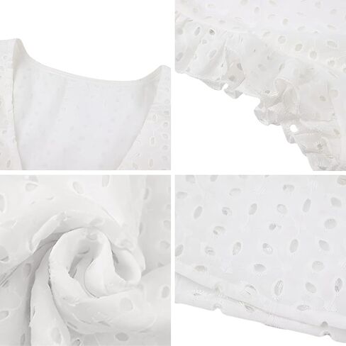 Women Summer Dress Wrap V Neck Jacquard Lace Ruffle Short Sleeve Mini Dresses with Pocket in Kuwait