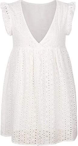 Women Summer Dress Wrap V Neck Jacquard Lace Ruffle Short Sleeve Mini Dresses with Pocket in Kuwait