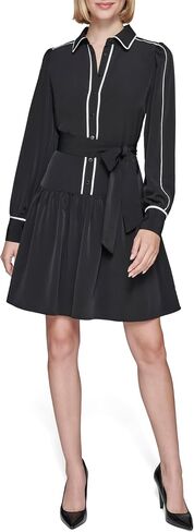 KARL LAGERFELD Women's Piping Details Silky Crepe Long Sleeves Shirtdress in Saudi Arabia