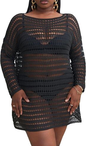 Milumia Women's Plus Size Drop Shoulder Long Sleeve Beach Dress Crochet Sheer Cover Up in Saudi Arabia