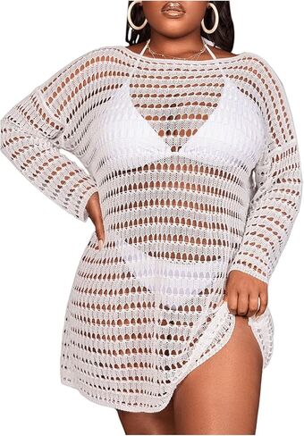 Milumia Women's Plus Size Drop Shoulder Long Sleeve Beach Dress Crochet Sheer Cover Up in Saudi Arabia