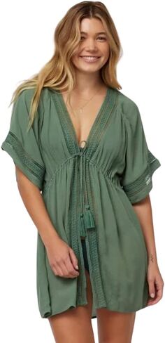 O'NEILL Wilder - فستان للنساء - كروشيه داخلي - تصميم بأكمام قصيرة - شاش مجعد - رباط خصر أخضر SM (الولايات المتحدة 1-3) مقاس واحد in Kuwait