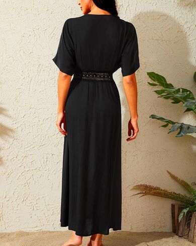 Women's Long Swimsuit Coverup Beach Kimono Cover Up Lace Open Front Bikini with Drawstring in Saudi Arabia
