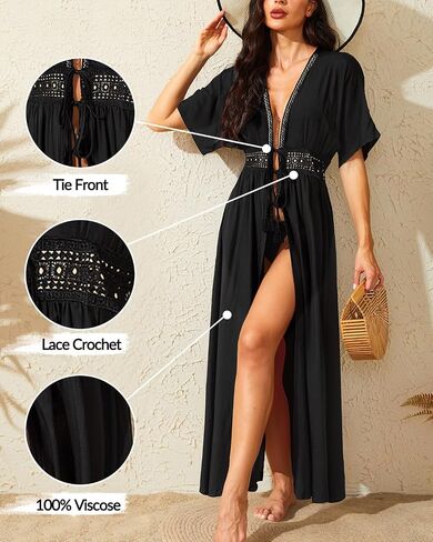 Women's Long Swimsuit Coverup Beach Kimono Cover Up Lace Open Front Bikini with Drawstring in Saudi Arabia