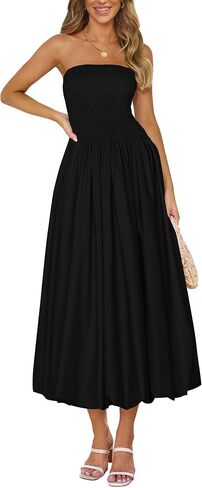 PRETTYGARDEN Women's 2025 Summer Strapless Tube Midi Dress Smocked A Line Bubble Long Flowy Casual Elegant Party Dresses in Saudi Arabia