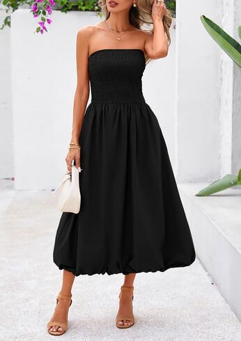 PRETTYGARDEN Women's 2025 Summer Strapless Tube Midi Dress Smocked A Line Bubble Long Flowy Casual Elegant Party Dresses in Saudi Arabia