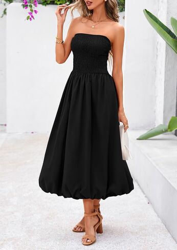 PRETTYGARDEN Women's 2025 Summer Strapless Tube Midi Dress Smocked A Line Bubble Long Flowy Casual Elegant Party Dresses in Saudi Arabia