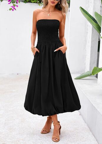 PRETTYGARDEN Women's 2025 Summer Strapless Tube Midi Dress Smocked A Line Bubble Long Flowy Casual Elegant Party Dresses in Saudi Arabia