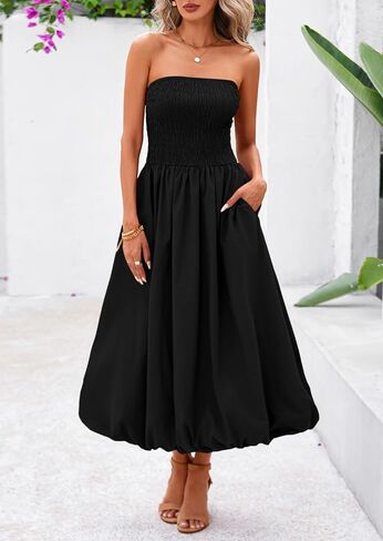 PRETTYGARDEN Women's 2025 Summer Strapless Tube Midi Dress Smocked A Line Bubble Long Flowy Casual Elegant Party Dresses in Saudi Arabia