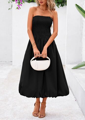 PRETTYGARDEN Women's 2025 Summer Strapless Tube Midi Dress Smocked A Line Bubble Long Flowy Casual Elegant Party Dresses in Saudi Arabia