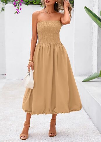 PRETTYGARDEN Women's 2025 Summer Strapless Tube Midi Dress Smocked A Line Bubble Long Flowy Casual Elegant Party Dresses in Saudi Arabia