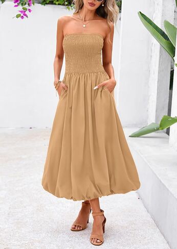 PRETTYGARDEN Women's 2025 Summer Strapless Tube Midi Dress Smocked A Line Bubble Long Flowy Casual Elegant Party Dresses in Saudi Arabia